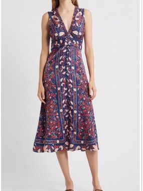 FARM Rio Boho Floral Scarf Midi Dress Navy Pink Large NWT (Flaw)